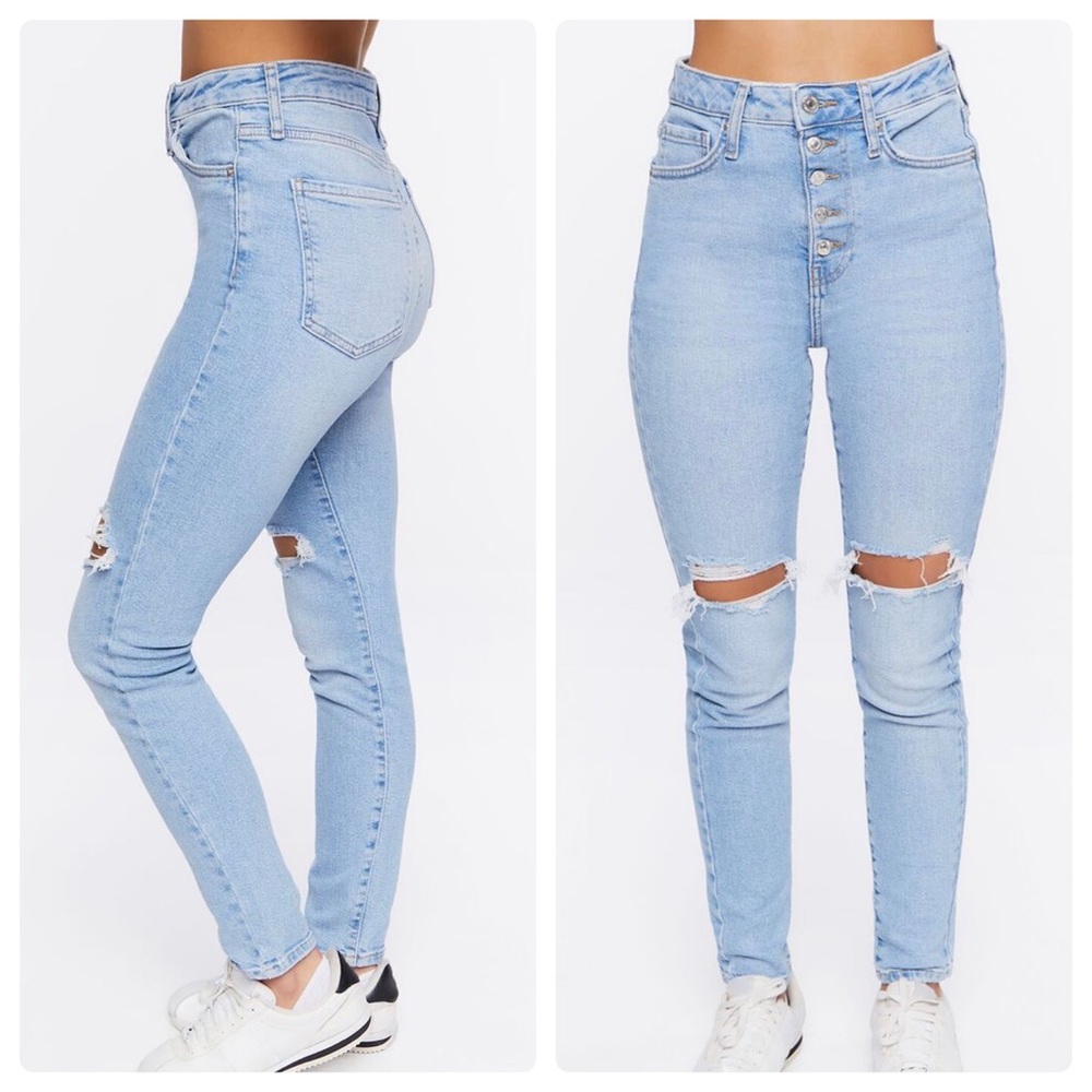 Forever 21 Premium Recycled Cotton Distressed Knee High Rise Skinny Jeans 25